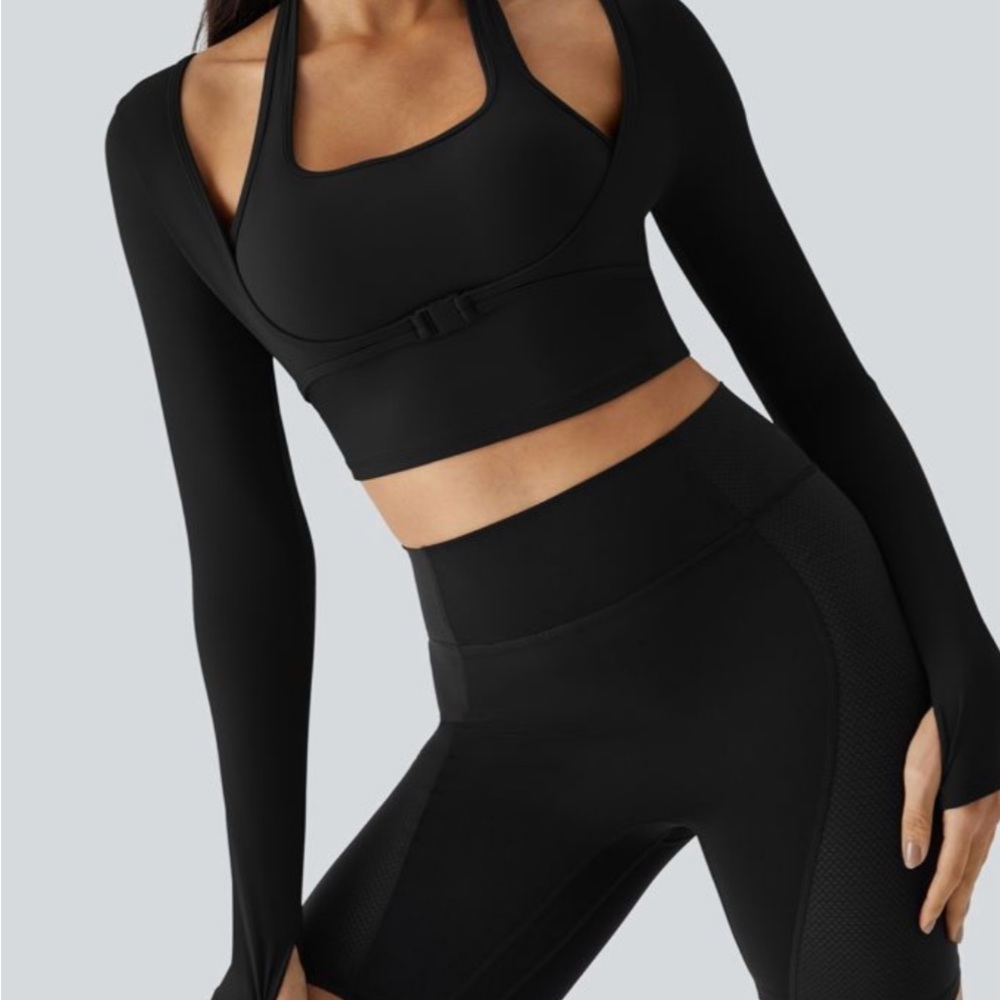 Halter Thumb Hole Long Sleeve Cropped 2-in-1 Yoga Sports - (M) NWT - Picture 5 of 12